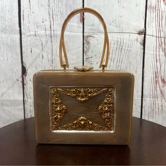 Retro Vintage Taupe Acrylic Box Bag with Gold Filigree - Picture 1 of 13